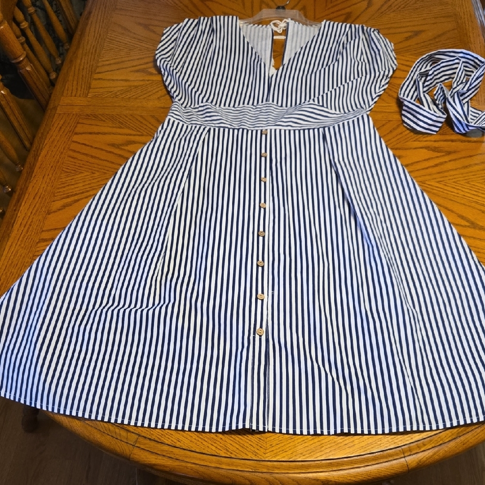 Nautical Blue and White Striped Dress with Faux Buttons
